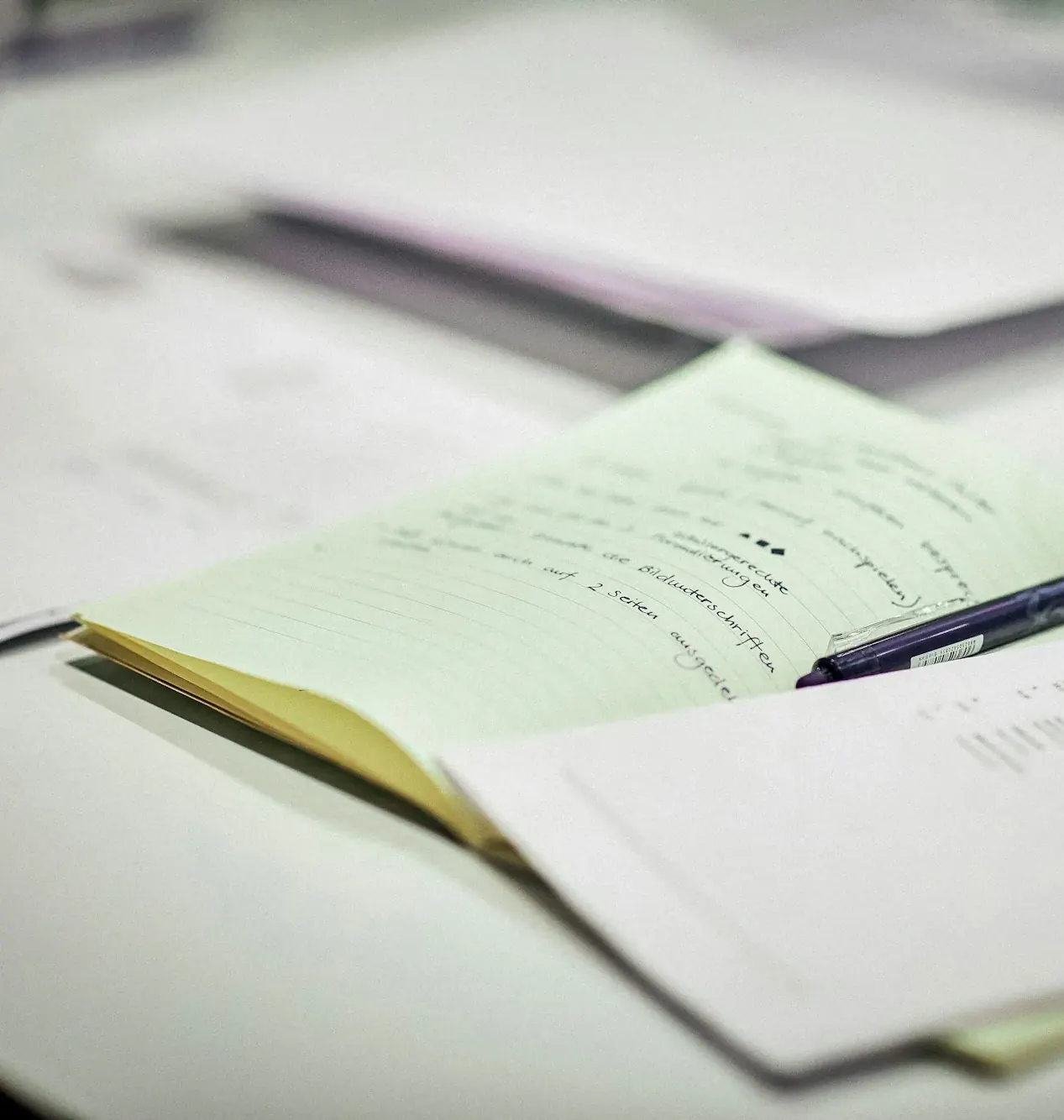 Printed paperwork and a pen on a desk beside a glass of water