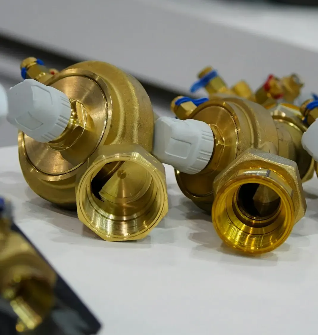 Brass valves and fittings laid out on a workbench